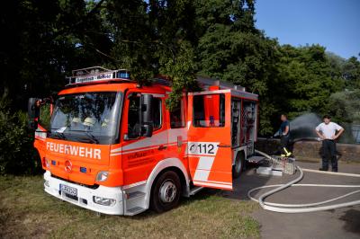 Feuerwehr holt tote Fische aus dem See - Erneuter Einsatz der Feuerwehr am Riedsee in Stuttgart